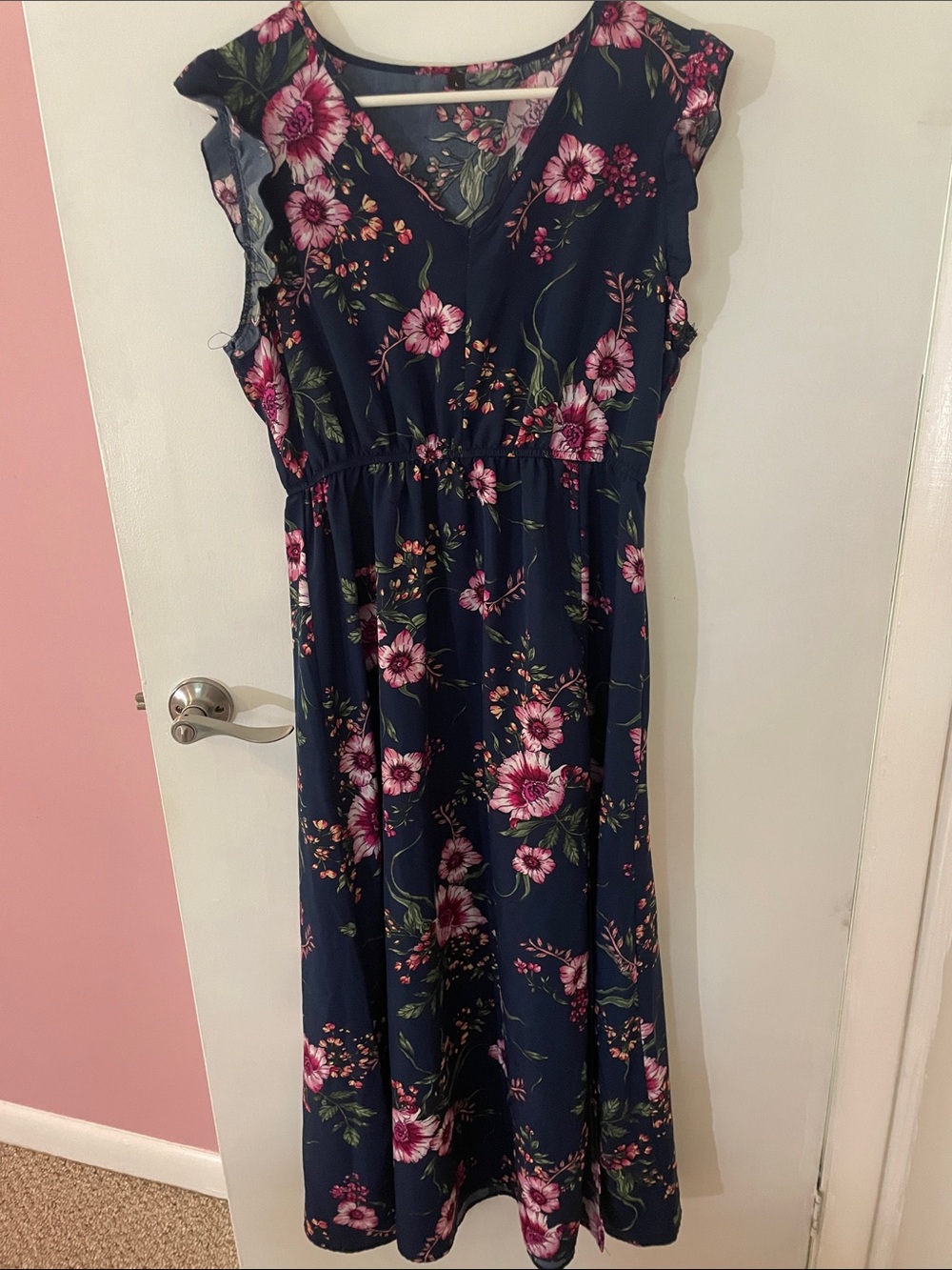 Women's Navy Floral Maxi Dress with Pink Blooms